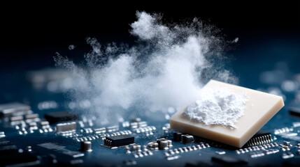 Aufkleber - Close-up view showcases a fractured microchip enveloped in frost-like particles against a cold-toned circuit board, highlighting a dramatic technical failure
