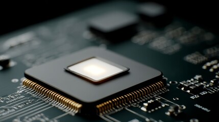 Aufkleber - Close-up view of a CPU on a circuit board reveals golden pins and intricate details, softly illuminated by white light, highlighting modern computing sophistication