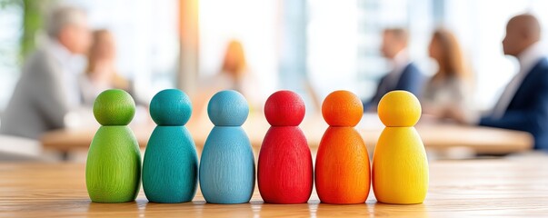 Poster - Colorful wooden figures stand in a row on a table, with blurred people in the background, suggesting a collaborative or business environment, Diversity Inclusion And Belonging.