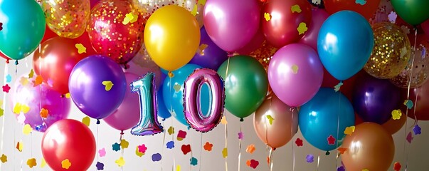 Poster - Colorful balloons celebrating a 10th birthday party decoration