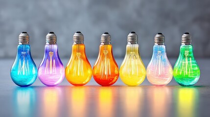 Poster - A vibrant array of colorful light bulbs arranged in a row, showcasing shades of blue, purple, orange, yellow, and green against a softly blurred background, Diversity Inclusion And Belonging.