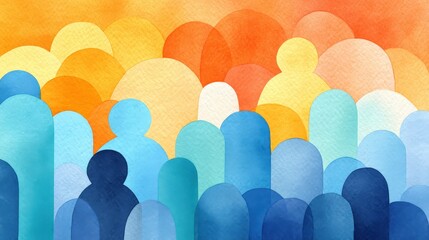 Poster - A colorful watercolor abstract depicting overlapping human figures in various shades, creating a vibrant, harmonious composition, Diversity Inclusion And Belonging.