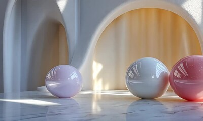 Poster - Elegant Studio Setup with Glossy Spheres and Sunlit Architectural Elements for Modern Design