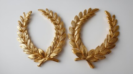 Fototapete - A pair of symmetrical golden olive wreaths rests on a seamless white surface, reflecting light softly and creating a distinguished, elegant aesthetic