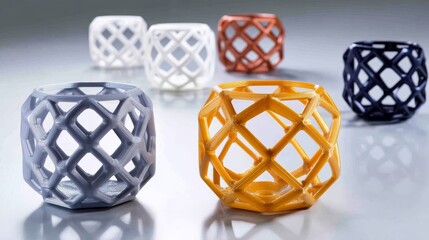 Leinwandbilder - Various lattice-style 3D-printed models are arranged evenly, showcasing intricate designs in orange, white, and blue on a neutral backdrop for a structured look