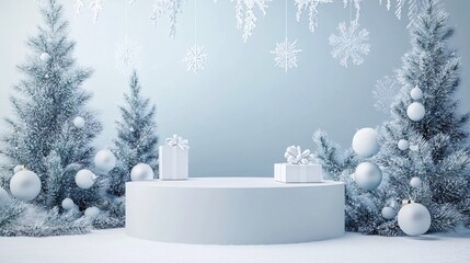 Poster - Minimal christmas background with podium for product display, snowy fir trees and gift boxes