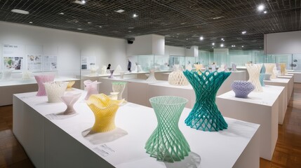 Aufkleber - Front-facing tabletop display features an array of colorful 3D-printed sculptures with intricate lattice patterns. Each piece stands upright in a contemporary showroom