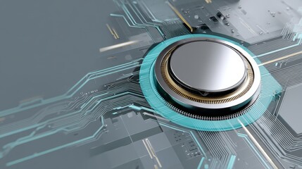 Poster - Silver mechanical cog combines seamlessly with a glowing digital motherboard in a futuristic blue-gray hue, surrounded by vibrant data streams and circuit lines