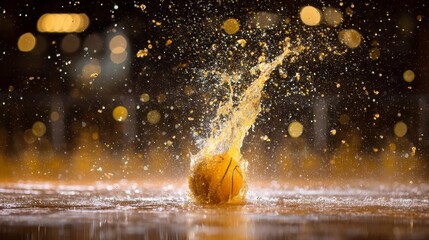 Aufkleber - Basketball strikes water surface, creating a dramatic splash with ripples under warm golden hour light, showcasing suspended droplets for stunning effect