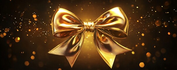Poster - Big golden bow floating on sparkling gold background