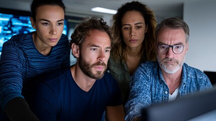 Poster - A diverse group of professionals engage intently while collaborating around a holographic AI interface, showcasing teamwork in a futuristic office setting