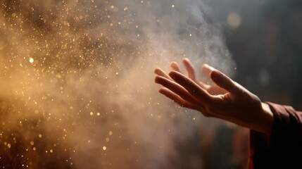 Poster - A hand extends outward, letting golden sparks disperse into the air, producing a mystical effect against a softly blurred, dark backdrop