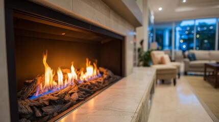Poster - A modern fireplace emits glowing bioethanol flames, framed by minimalist design in a blurred living room with warm and inviting illumination