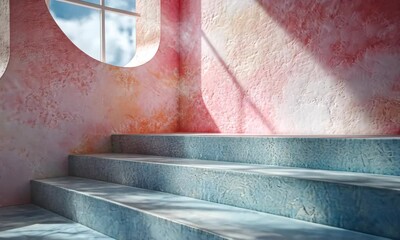 Poster - Minimalist interior design with a pink wall, concrete steps, and a tropical plant