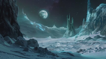 Wall Mural - the stunning landscape of a frozen moon. the surface is covered in snow and ice, with towering mount