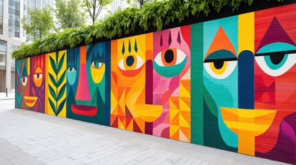 Poster - A vibrant mural featuring abstract faces and bold colors, set against a green backdrop, showcasing artistic expression in an urban environment, Diversity Inclusion And Belonging.
