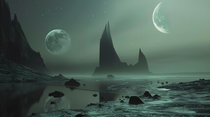 Wall Mural - the surface of a distant moon is bathed in the light of two moons. the landscape is barren and rocky
