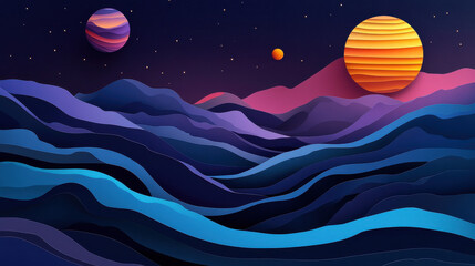 Wall Mural - abstract cosmic landscape of multicolored planets, layered paper aesthetic, dramatic lighting emphas