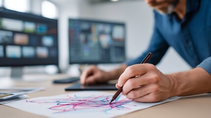 Aufkleber - A designer works intently, sketching colorful abstract shapes on a drawing tablet. Dual monitors show creative software and mood boards, enhancing the process