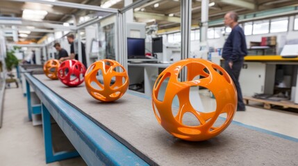 Poster - Vibrant orange spherical models featuring openwork designs are captured mid-motion on a conveyor belt in a busy production facility with industrial lighting