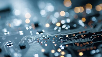 Aufkleber - A close-up view captures a microprocessor on a densely packed circuit board, featuring delicate soldered connections and traces illuminated with cool highlights