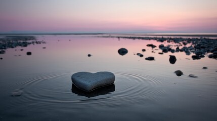 Aufkleber - Smooth heart-shaped stone lies in shallow water, surrounded by pebbles. Soft reflections of a pastel sunset sky create a peaceful and serene atmosphere