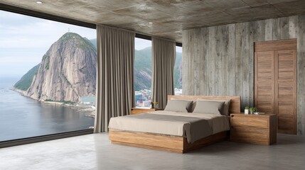 Poster - Serene Scandinavian bedroom features a minimal bed, neutral tones, and a panoramic window allowing natural light and beautiful mountain vistas