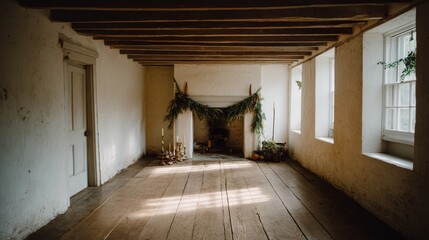 Poster - Warm afternoon light fills the cozy cabin with a rustic fireplace adorned with natural garlands and subtle festive decorations, creating a welcoming atmosphere