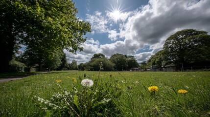 Poster - A lively field filled with blooming dandelions and tall grass swaying in the breeze, set against a backdrop of bright blue sky and soft sun rays