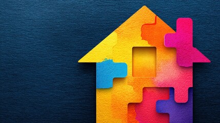 Poster - A colorful abstract representation of a house made from puzzle pieces, symbolizing creativity and innovation in home design, Diversity Inclusion And Belonging.