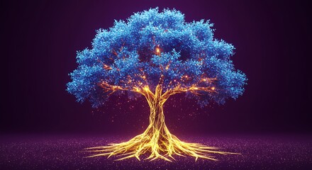 Aufkleber - Glowing Tree of Life with Blue Leaves and Golden Roots Spreading Light in the Darkness representing Growth and Connectivity