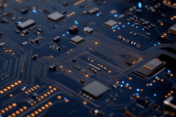 Poster - Abstract circuit board illuminated with electric blue lights showcasing intricate technology details