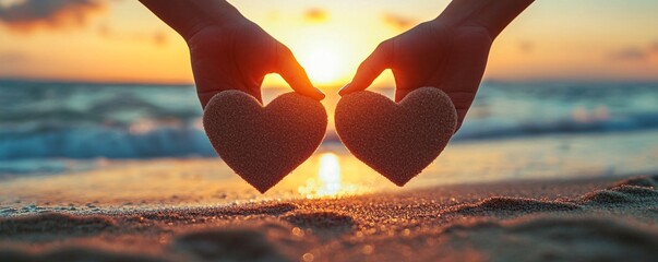 Poster - Couple holding sand hearts on beach at sunset