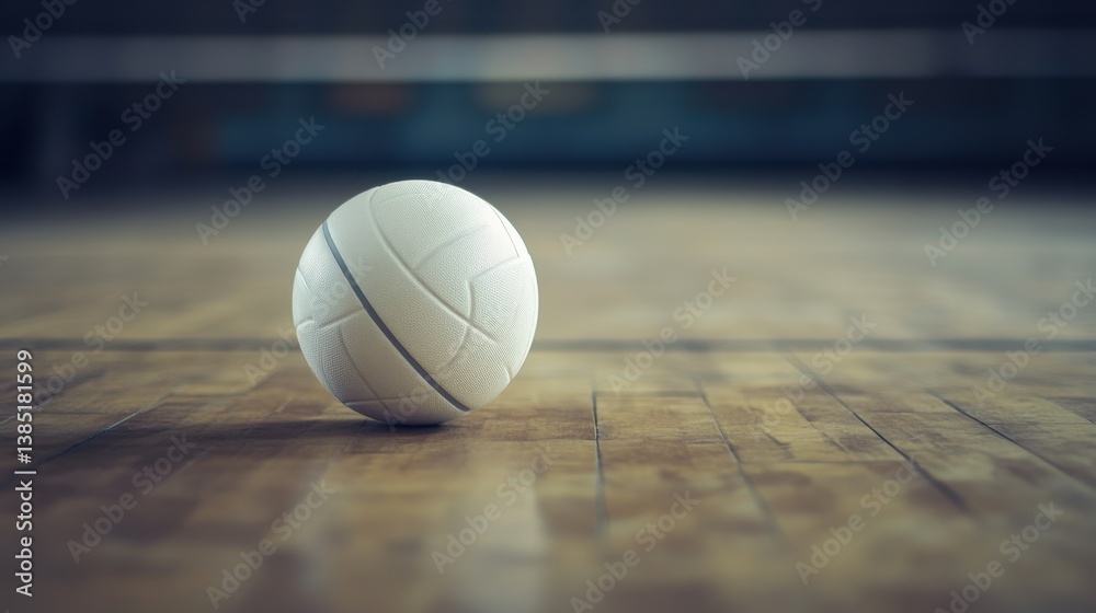 Single volleyball ball framed on bottom left corner of parquet background, blurred for modern composition.