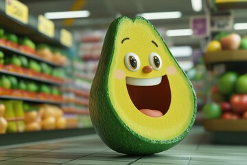 Poster - Playful oversized cartoon avocado with cheerful features in a vibrant grocery store filled with fresh produce and colorful items