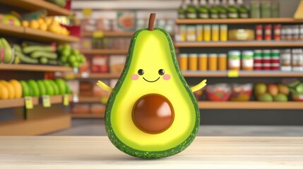 Poster - Playful oversized cartoon avocado with cheerful expression in vibrant grocery store setting filled with fresh produce and colorful products