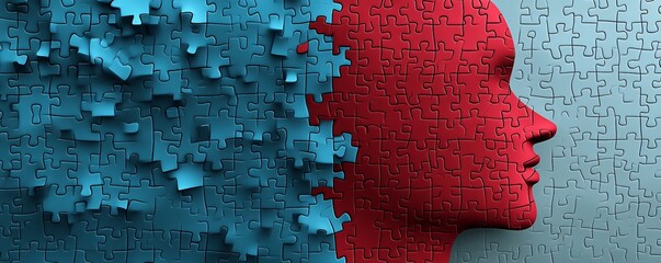 Poster - Human head profile completing with red puzzle pieces on blue background
