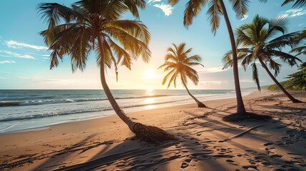 Wall Mural - Amazing beach sunset with palm trees. The setting sun casts a golden glow over the sand and water, while the palm trees sway gently in the breeze.