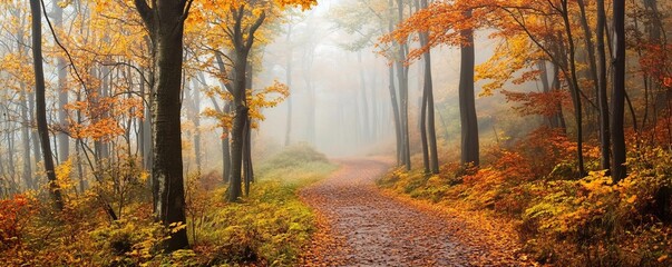 Poster - Winding forest path covered in fallen leaves during autumn