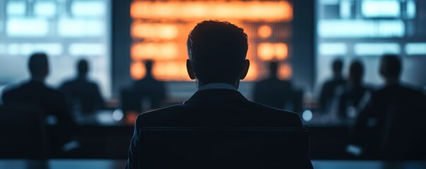 Poster - A silhouette of a person in a suit sits at a conference table, facing a digital display, while others are visible in the background.