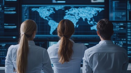 Poster - three professionals observe a digital world map on a screen, highlighting data visualization and tec
