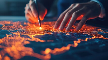 Poster - A close-up of hands interacting with a digital map, highlighting bright orange pathways and data points, suggesting navigation or data analysis.