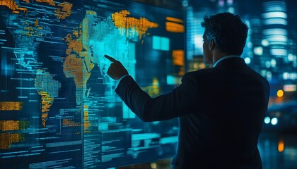Poster - a businessman analyzes data on a digital screen showcasing a world map. he points to various locatio
