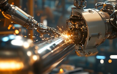 Poster - A close-up view of a robotic arm performing high-precision welding on a shiny metallic surface, showcasing sparks flying in an industrial environment, highlighting advanced technol