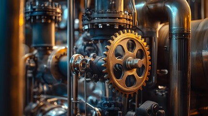 Poster - A close-up view of intricate industrial machinery featuring copper gears and pipes. The image captures the complexity and beauty of mechanical engineering in a modern setting.