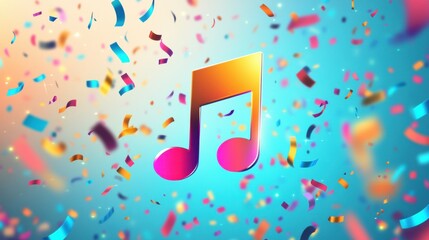 Poster - Celebrate music with a vibrant festival-themed logo featuring a joyful music note and colorful confetti on a bright background