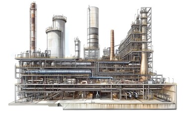 Poster - A detailed view of a complex industrial facility showcasing large structures, pipes, and equipment essential for manufacturing