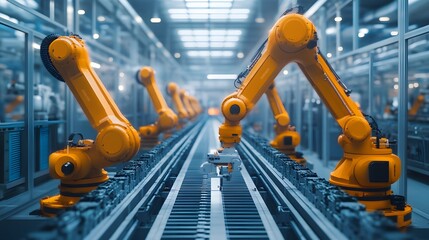 Poster - a modern automated factory showcasing advanced robotic arms working efficiently on an assembly line,