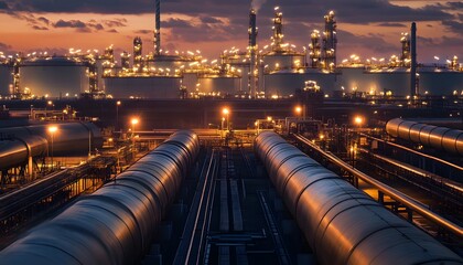 Poster - a stunning view of an industrial landscape showcasing pipelines and a refinery at sunset, highlighti