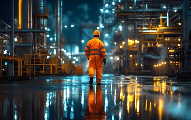 Poster - A worker in an orange uniform stands in an industrial setting, surrounded by machinery and illuminated by vibrant lights